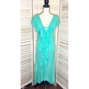 Indah Aqua Blue Green 100% Silk Lace Up Ruffle Mermaid Dress S